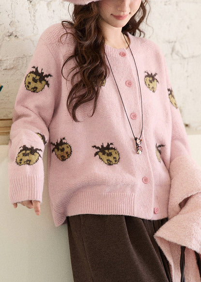 Pink O-neck Patchwork Cotton Knit Cardigans Fall