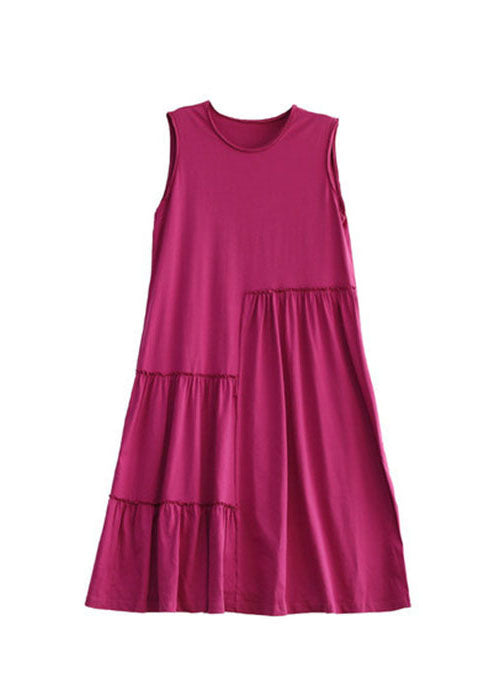Unique Rose O-neck Wrinkled Cotton Maxi Dresses Sleeveless