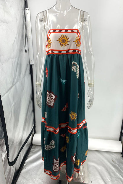 Vacation Graffiti Print Patchwork Square Neck Sling Dresses