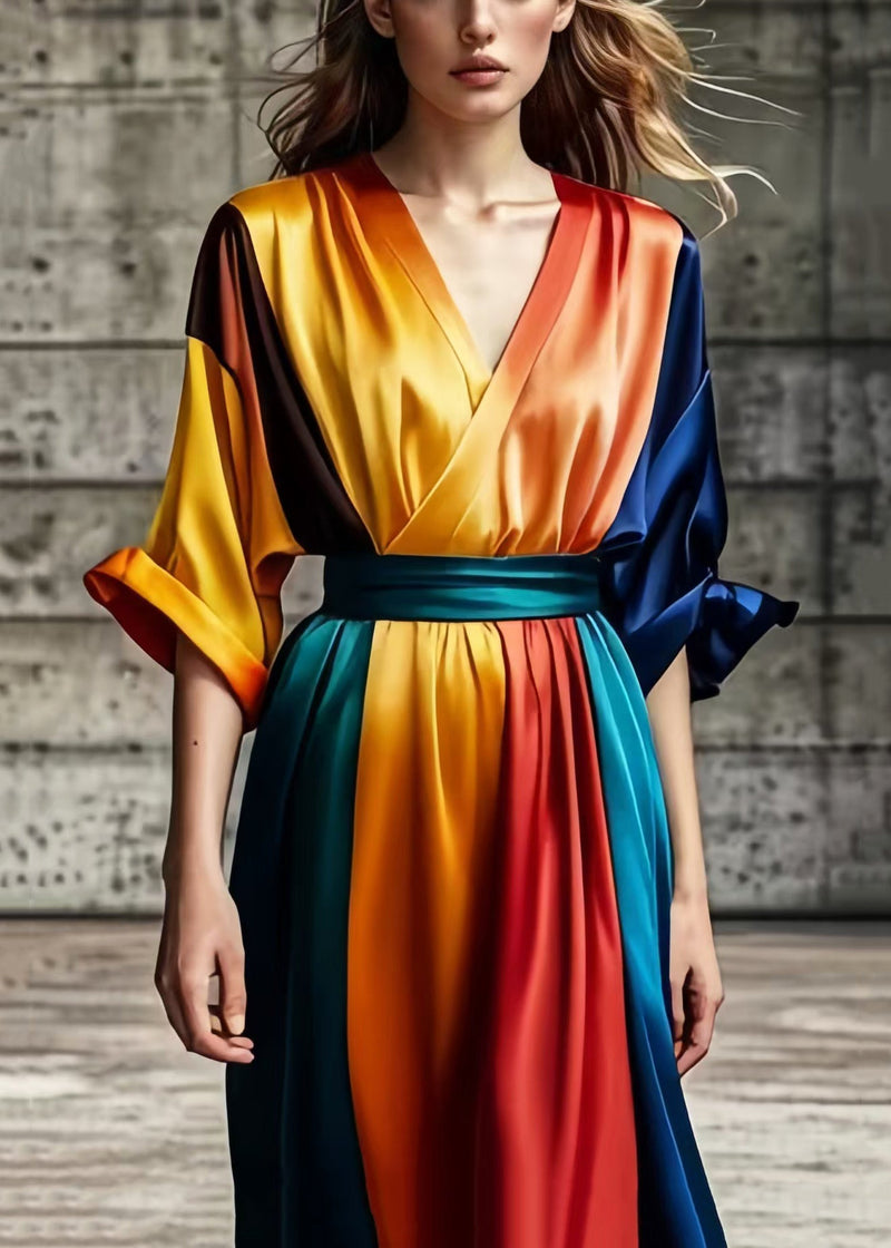 Colorblock V Neck Tie Dye Silk Vestidos Dresses Summer