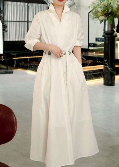 Boutique White Stand Collar Sashes a Line Dress Half Sleeve
