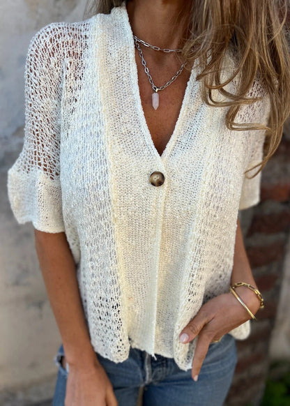 Organic White V Neck Hollow Out Knit Tops Summer