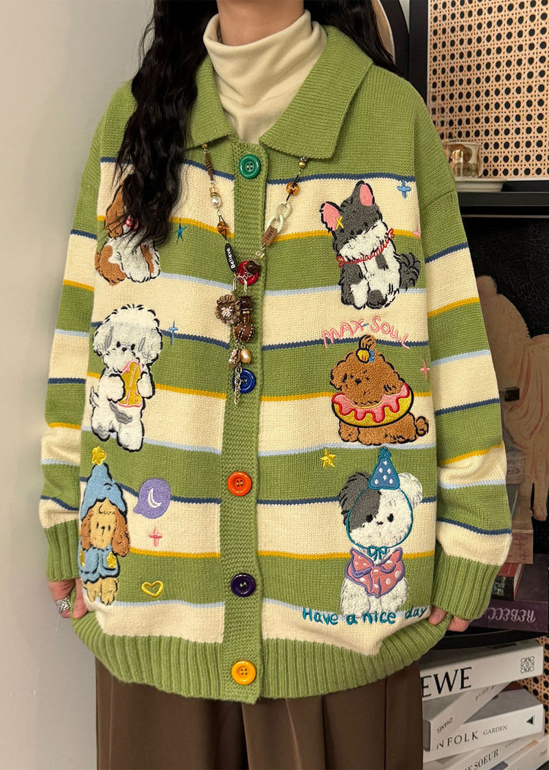 Green Embroidered Striped Knit Coats Spring
