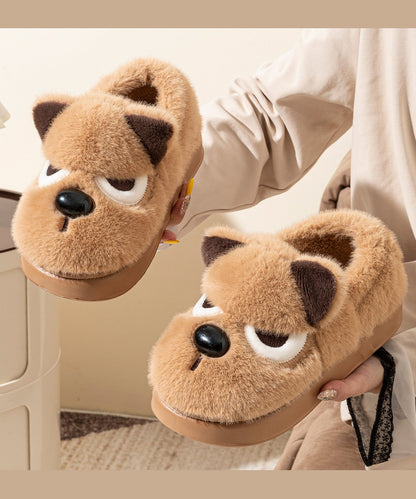 Brown Splicing Cartoon Fuzzy Fur Flat Feet Shoes