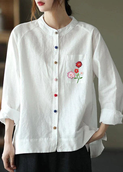 Modern White-purple Flower Loose Patchwork Pockets Fall Long Sleeve Blouse Top