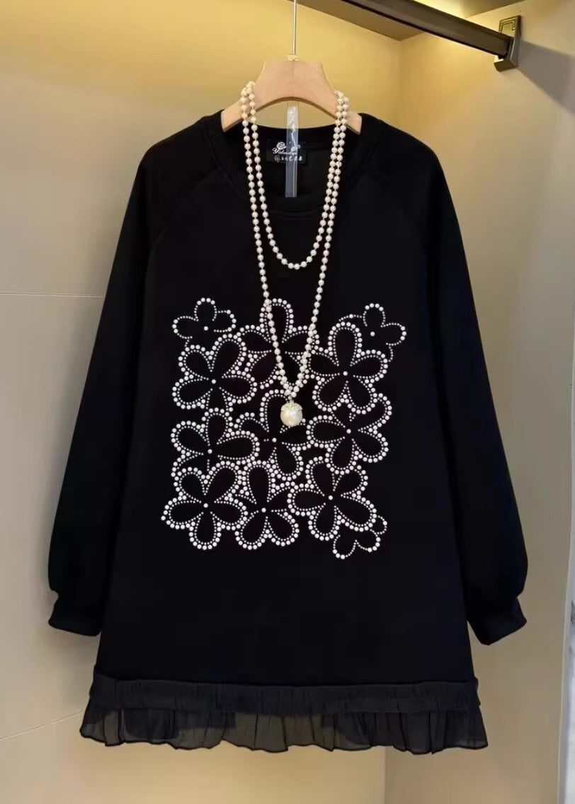 Black Oversized Patchwork Cotton Sweatshirt Fall