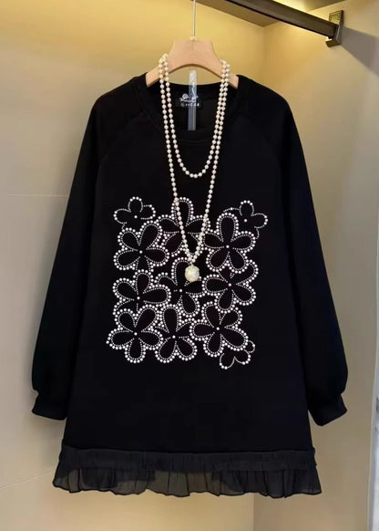 Black Oversized Patchwork Cotton Sweatshirt Fall