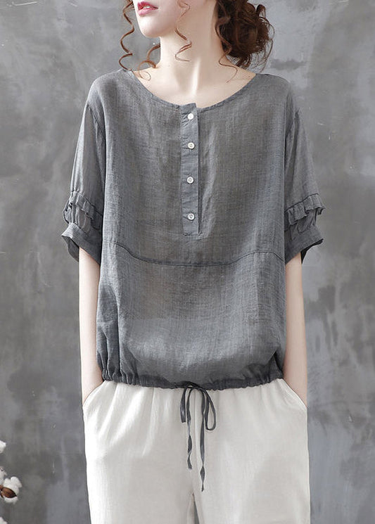 Grey O-neck Button Drawstring Patchwork Linen Shirt Tops Short Sleeve