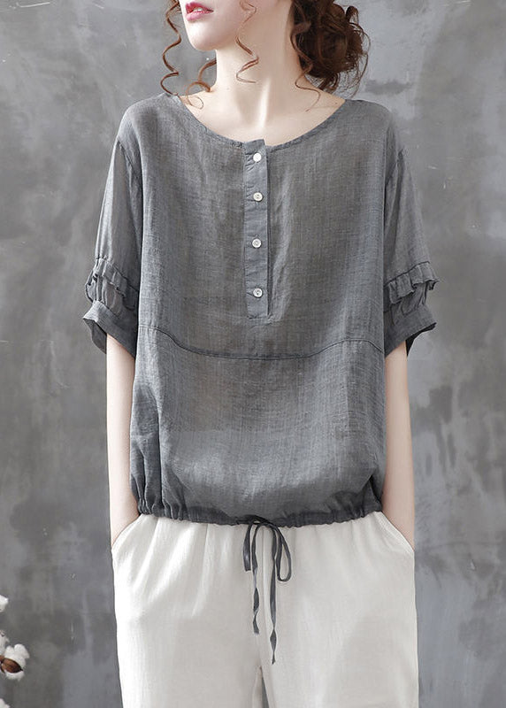Grey O-neck Button Drawstring Patchwork Linen Shirt Tops Short Sleeve