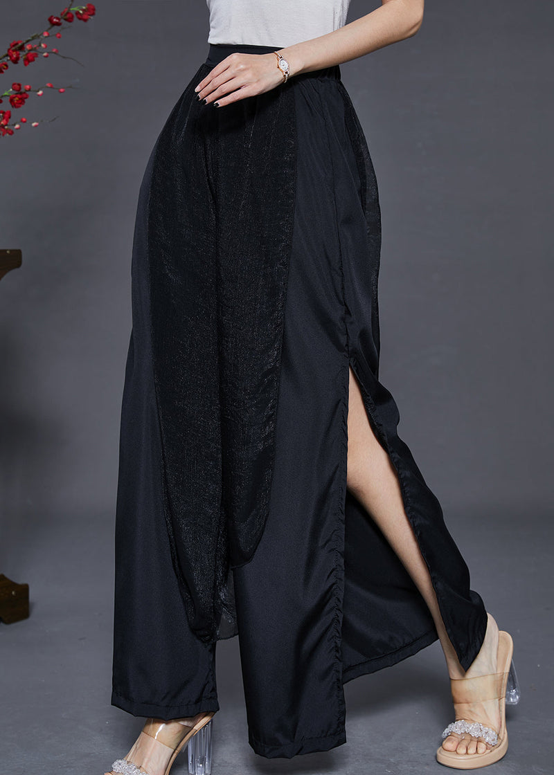 Black Side Open Chiffon Wide Leg Pants Summer