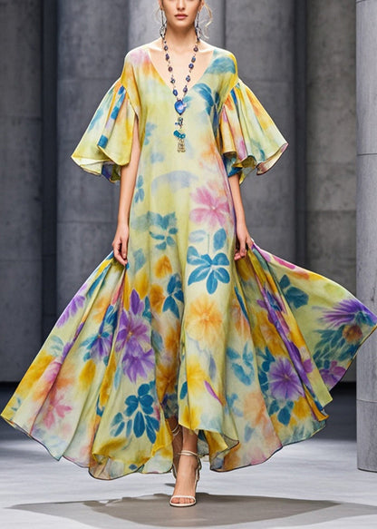 Yellow Flower Print Chiffon Long Dresses Flare Sleeve