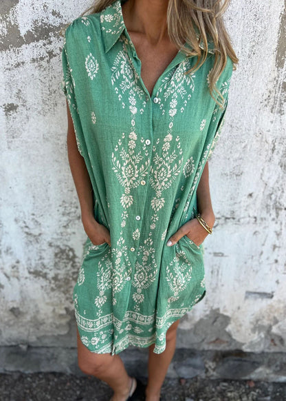 Beige Peter Pan Collar Print Cotton Shirts Dress Summer
