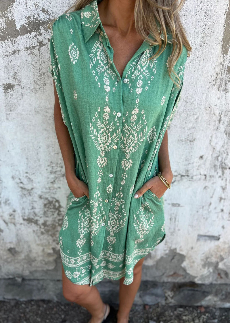 Beige Peter Pan Collar Print Cotton Shirts Dress Summer