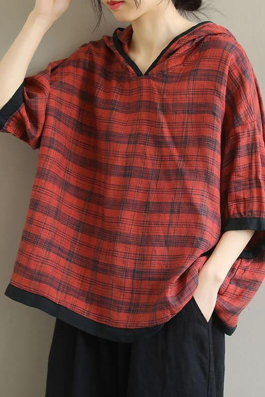 Cotton Plaid Hooded Color Patchwork T-shirt