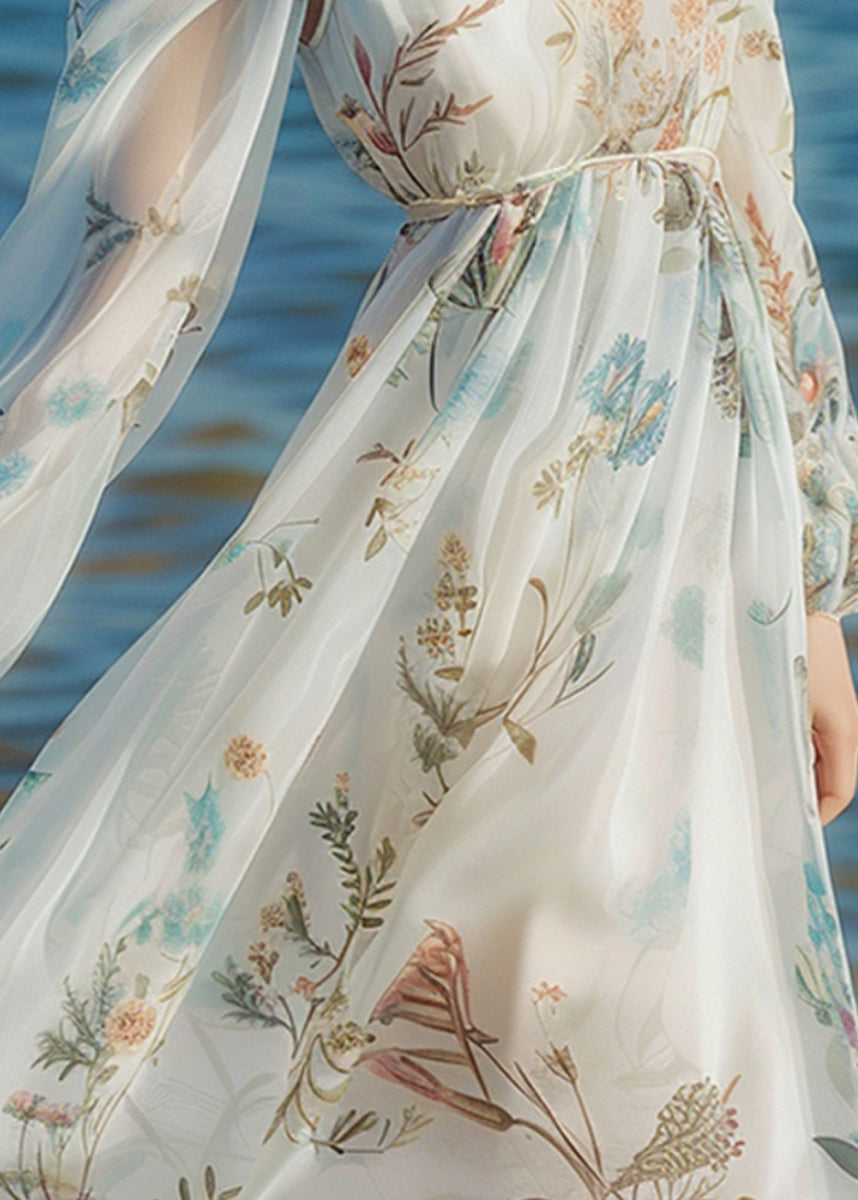 Light Blue V Neck Print Chiffon Long Dress Long Sleeve