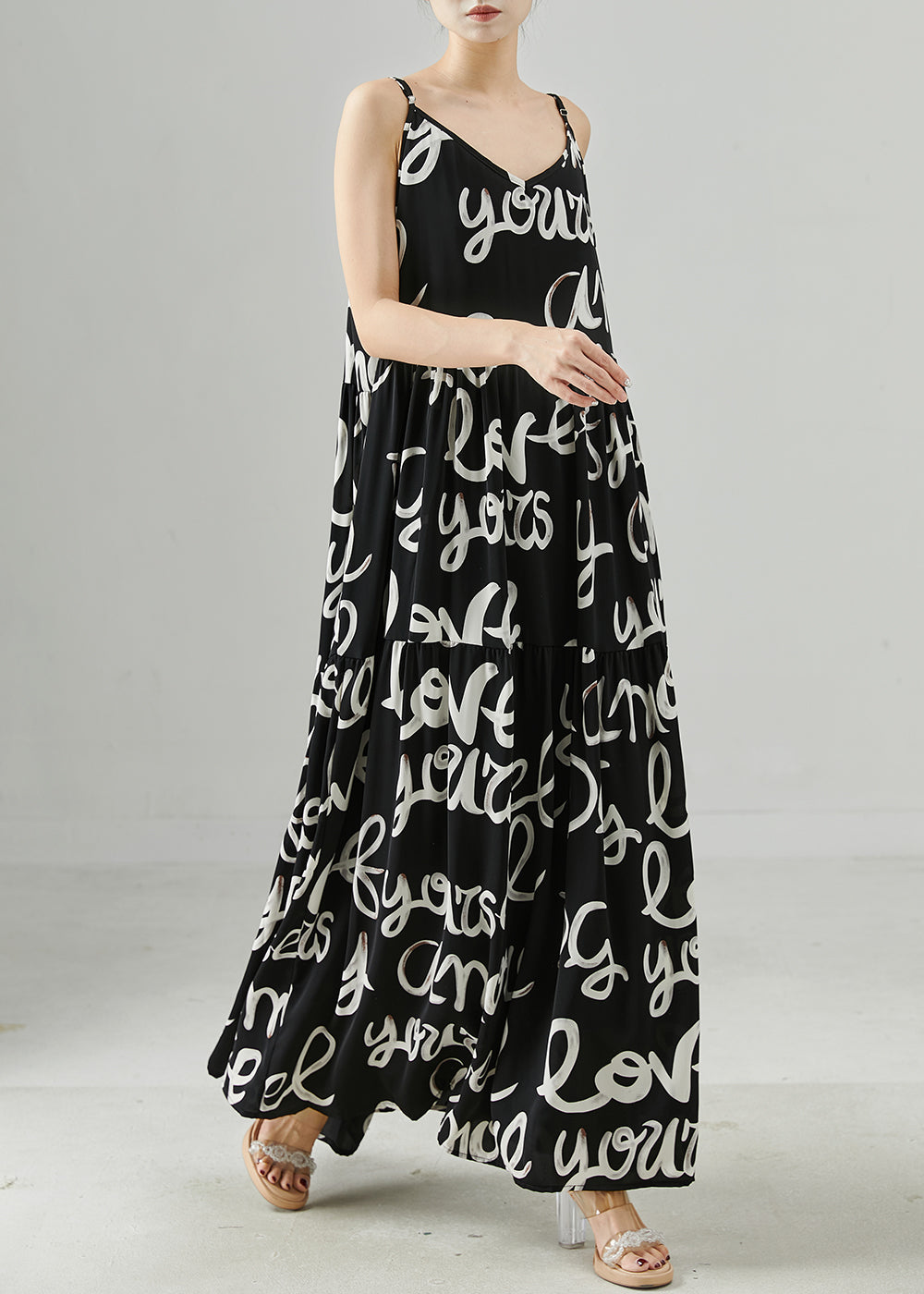 Black Letter Print Chiffon Spaghetti Strap Dress Summer