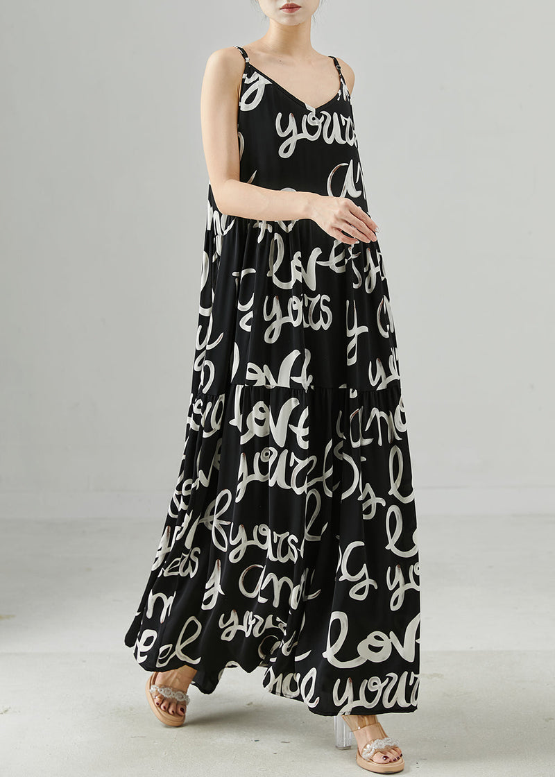 Black Letter Print Chiffon Spaghetti Strap Dress Summer