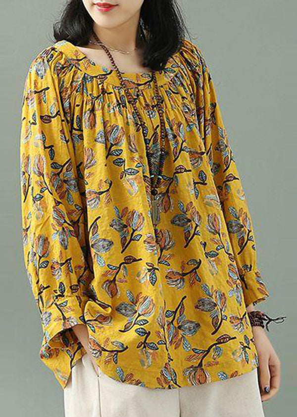 Yellow O Neck Print Loose Cotton T Shirt Fall
