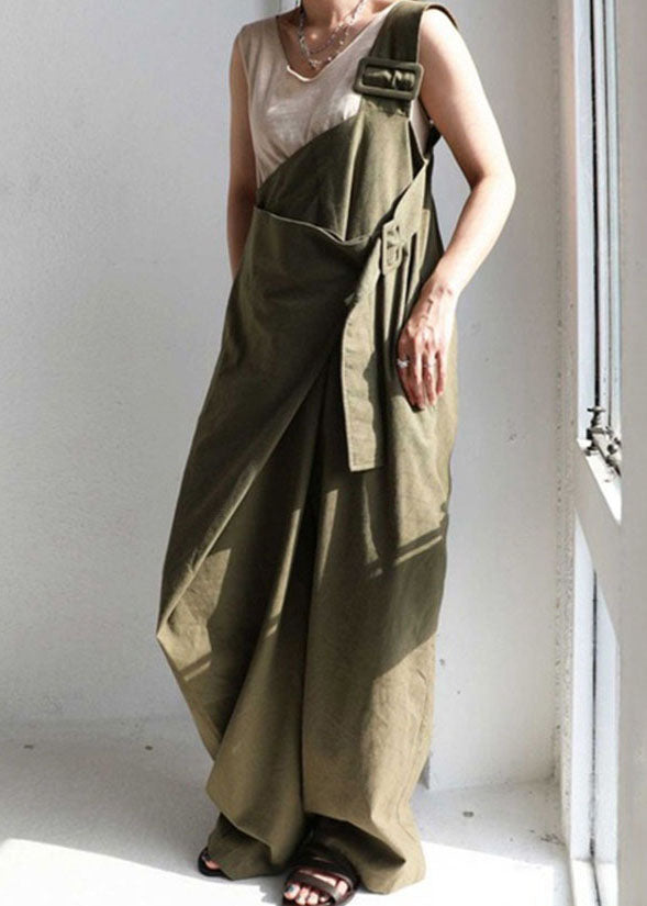 Green One Shoulder Pockets Cotton Strap Jumpsuit Summer
