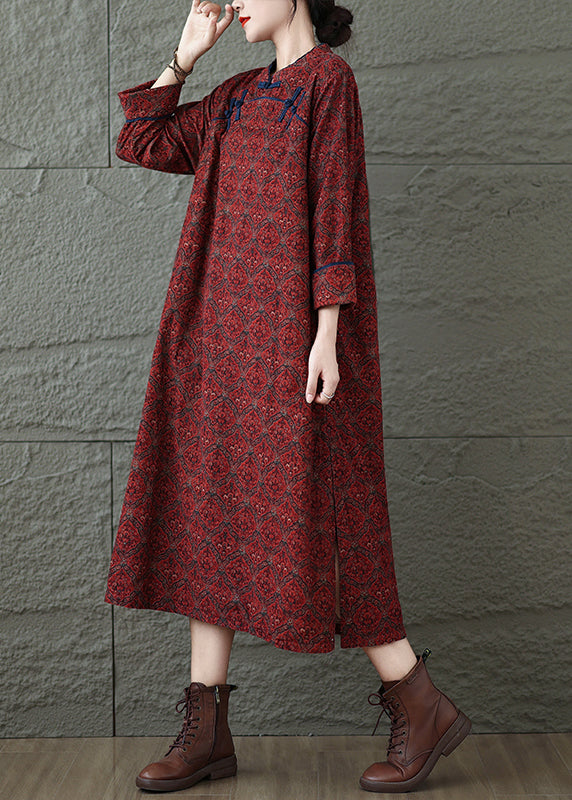Red Stand Collar Print Oriental Button Cotton Dress Fall