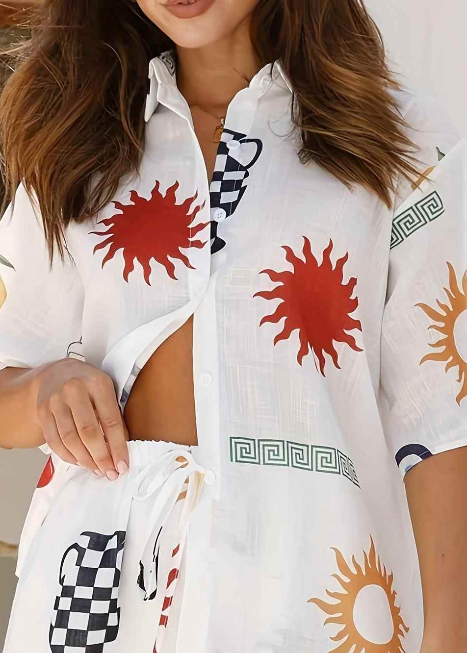 White Printed Shirt and Shorts Collar Set for