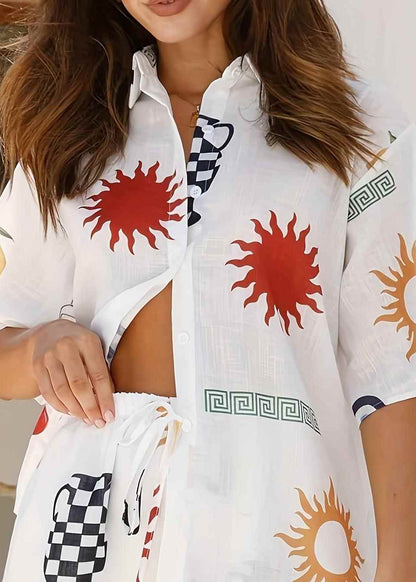 White Printed Shirt and Shorts Collar Set for