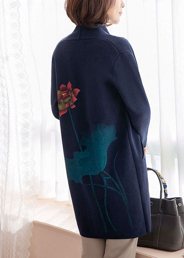 Modern Navy Pockets Print Woolen Cardigans Long Sleeve