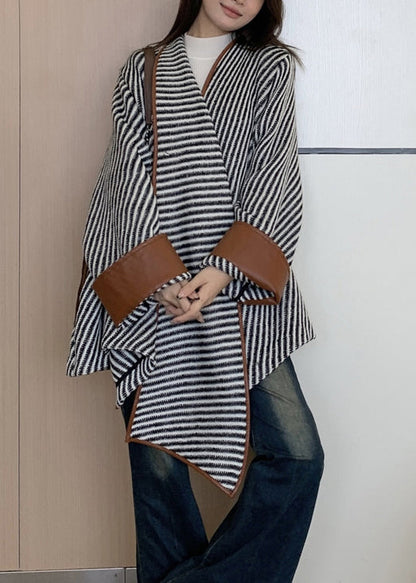 Loose Striped Asymmetrical Patchwork Woolen Coat Fall