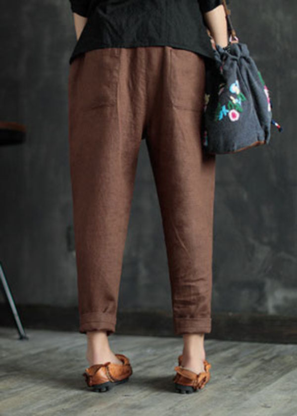Chocolate Pockets Linen Harem Pants Elastic Waist Summer