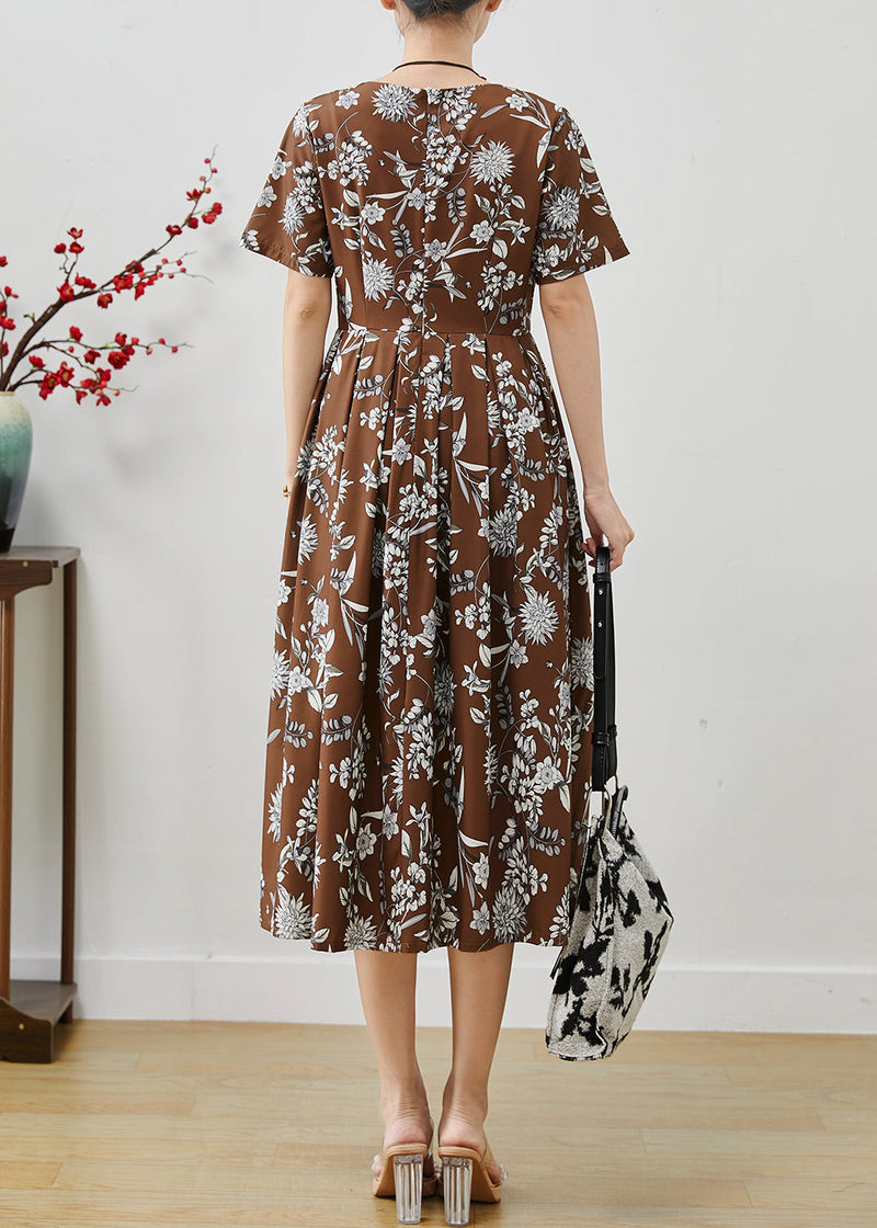 Brown Print Silm Fit Cotton Long Dresses Summer