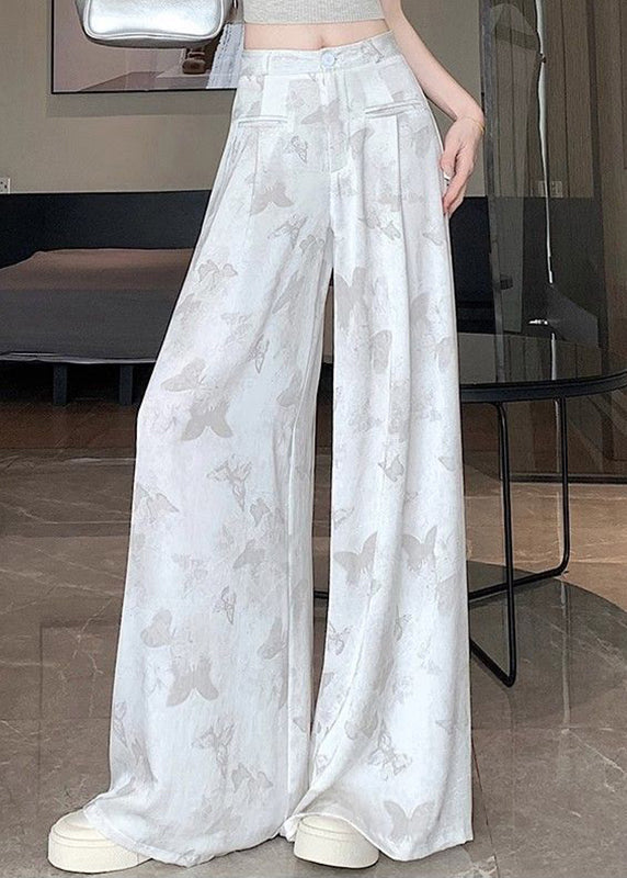Chinese Style White Pockets Butterfly Print Draping Pants