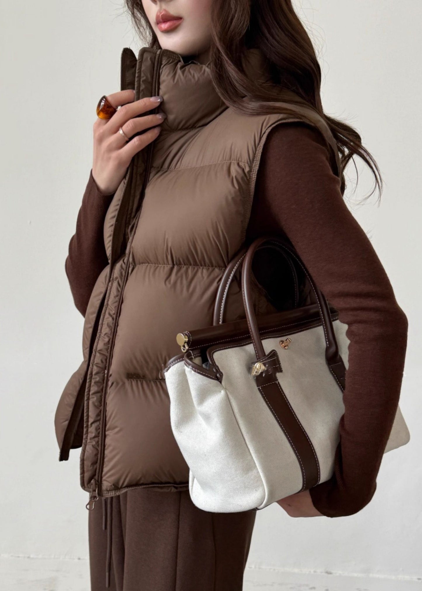 Coffee Stand Collar Zip Up Duck Down Waistcoat Sleeveless