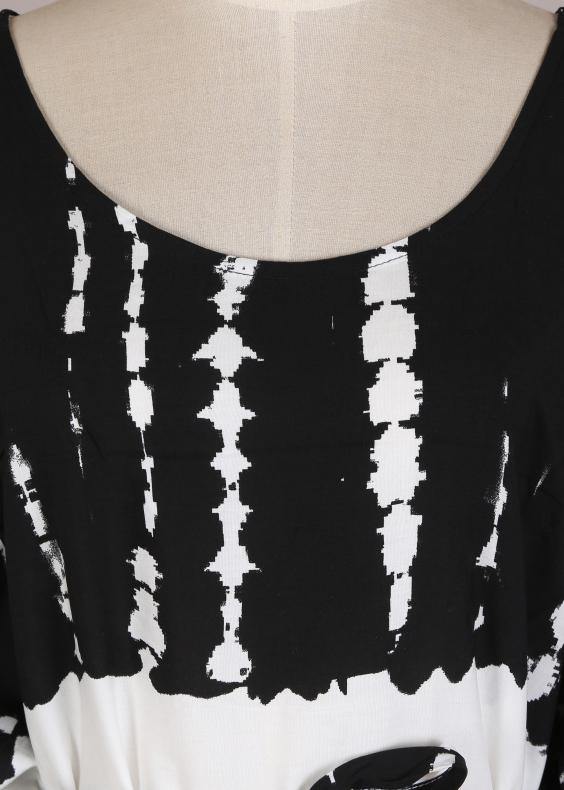 French Black White Tie Dye Cold Shoulder Kimono Robe Cotton Dress