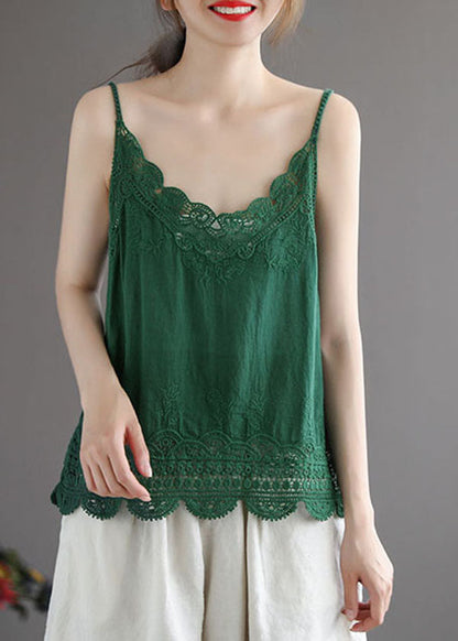 Green Cotton Spaghetti Strap Tops Hollow Out Summer