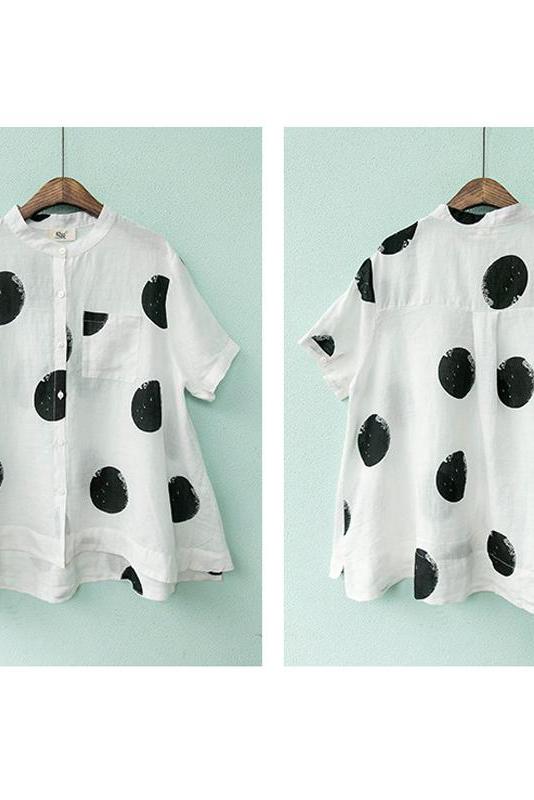Limited Stock- Polka Dot Cotton Linen Stand Collar Shirt