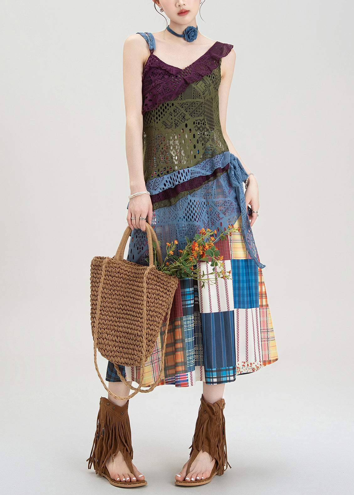Hollow Knitted Asymmetrical Suspender and Skirt Set Summer