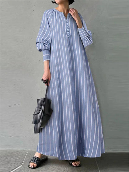 Cotton and Linen Striped Round Neck Long Sleeve Insert Pockets Simple Loose Long Section Pullover Dress