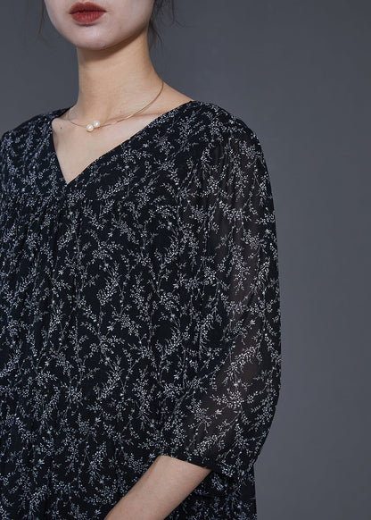 Black Oversized Print Chiffon Dress Half Sleeve