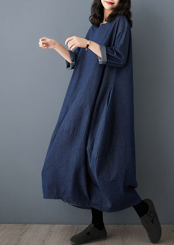 Blue O-neck Denim Maxi Dress Ruffled Sleeve