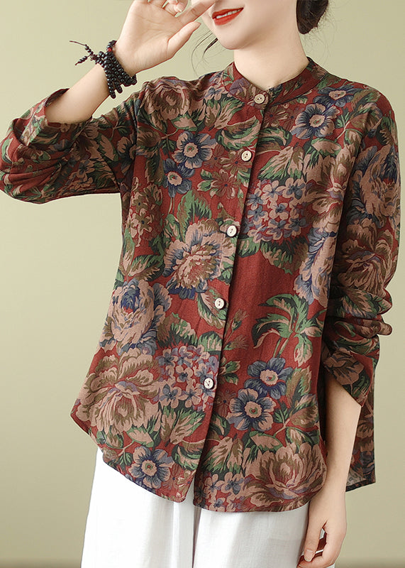 Stand Collar Print Button Cotton Coats Fall