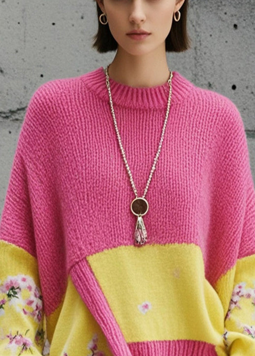 Pink Asymmetrical Patchwork Knit Pullover Fall