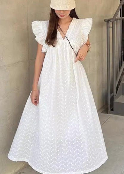 White Dot Ruffled Cotton Holiday Dress Sleeveless