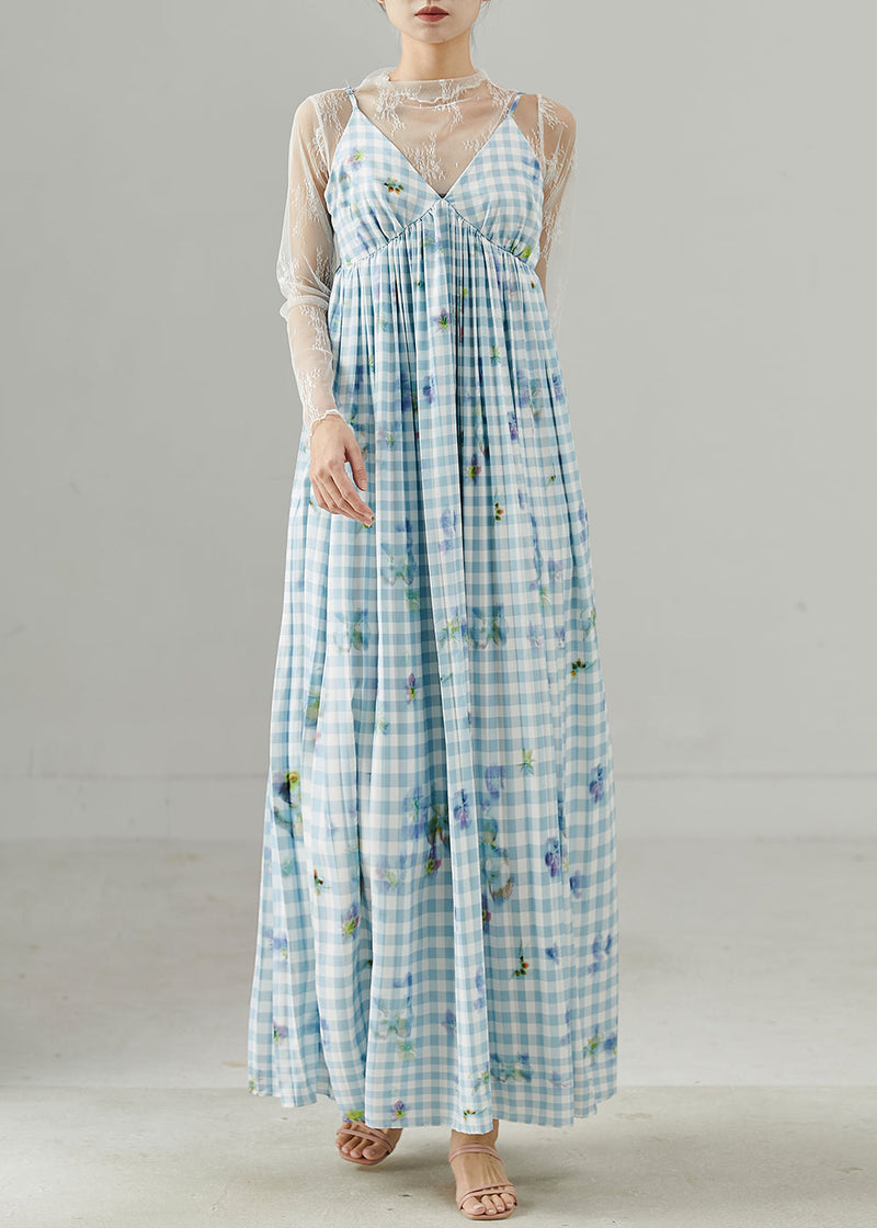 Style Sky Blue Plaid Print Cotton Sundress Summer