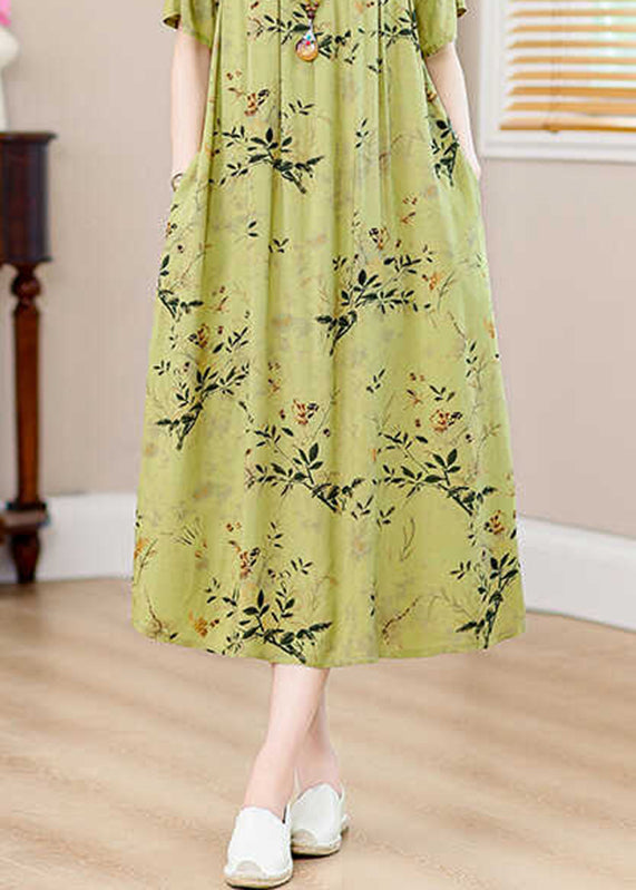 Green Print Pockets Silk Cotton Long Dresses Summer