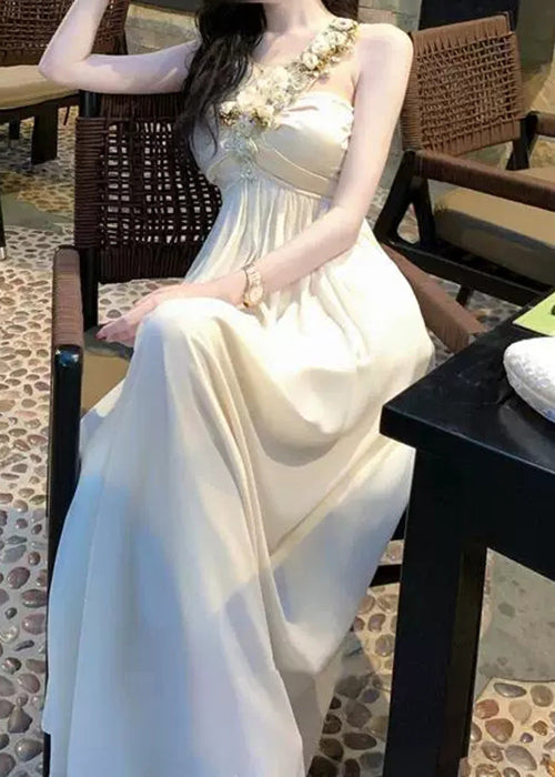 White Zircon Wrinkled Patchwork Cotton Long Dress Sleeveless