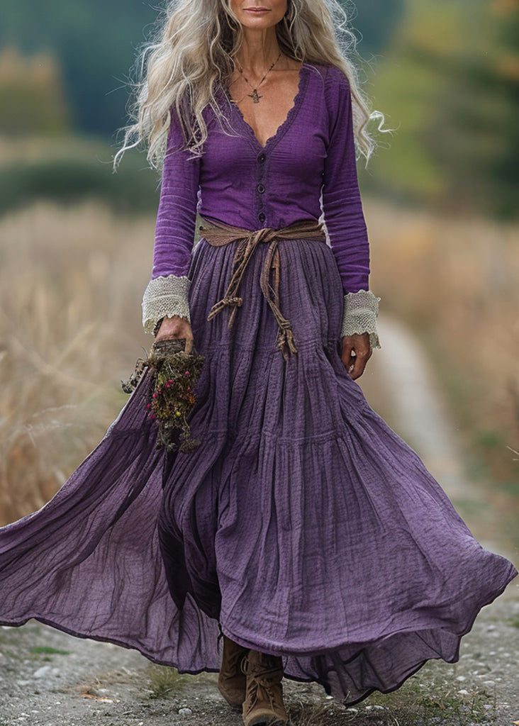 Purple V Neck Wrinkled Patchwork Cotton Robe Dresses Spring
