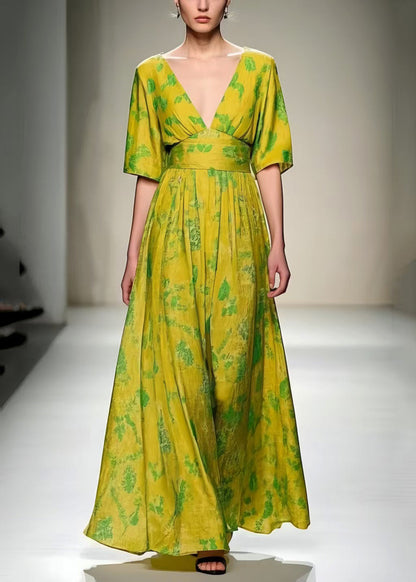 Grass Green V Neck Print Cotton Vacation Dresses Summer