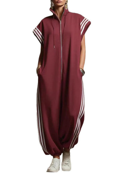 Yellow Stand Collar Zip Up Striped Cotton Jumpsuit Summer