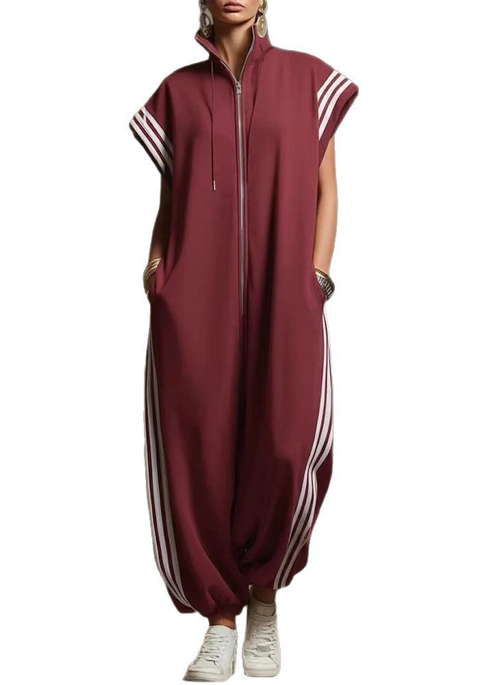 Yellow Stand Collar Zip Up Striped Cotton Jumpsuit Summer