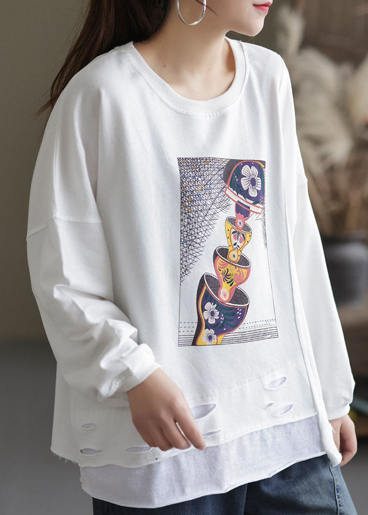 White O-neck Hole Print Cotton Pullover Sweatshirt Long Sleeve